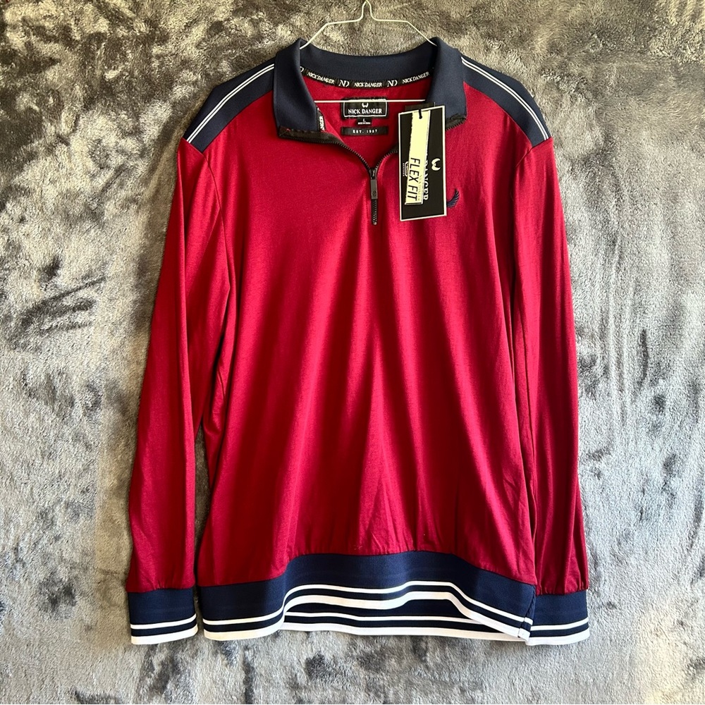 Nick‎ Danger Men's Red Flex Fit Long Sleeve 1/4 Zip Logo Shirt Sz Large NWT